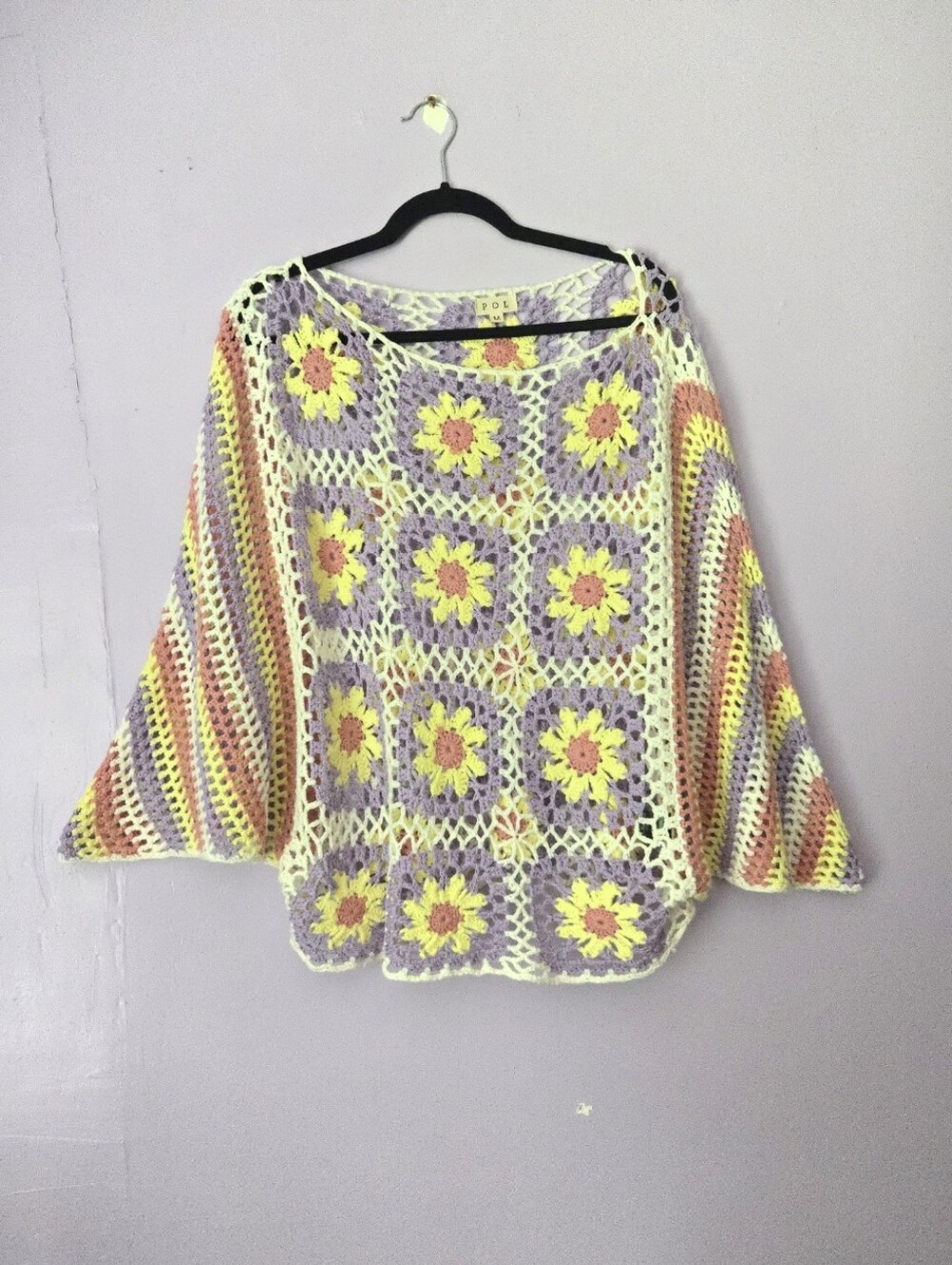 POL MED Open-Knit Crochet Floral Top in Yellow, Lavender & Pink